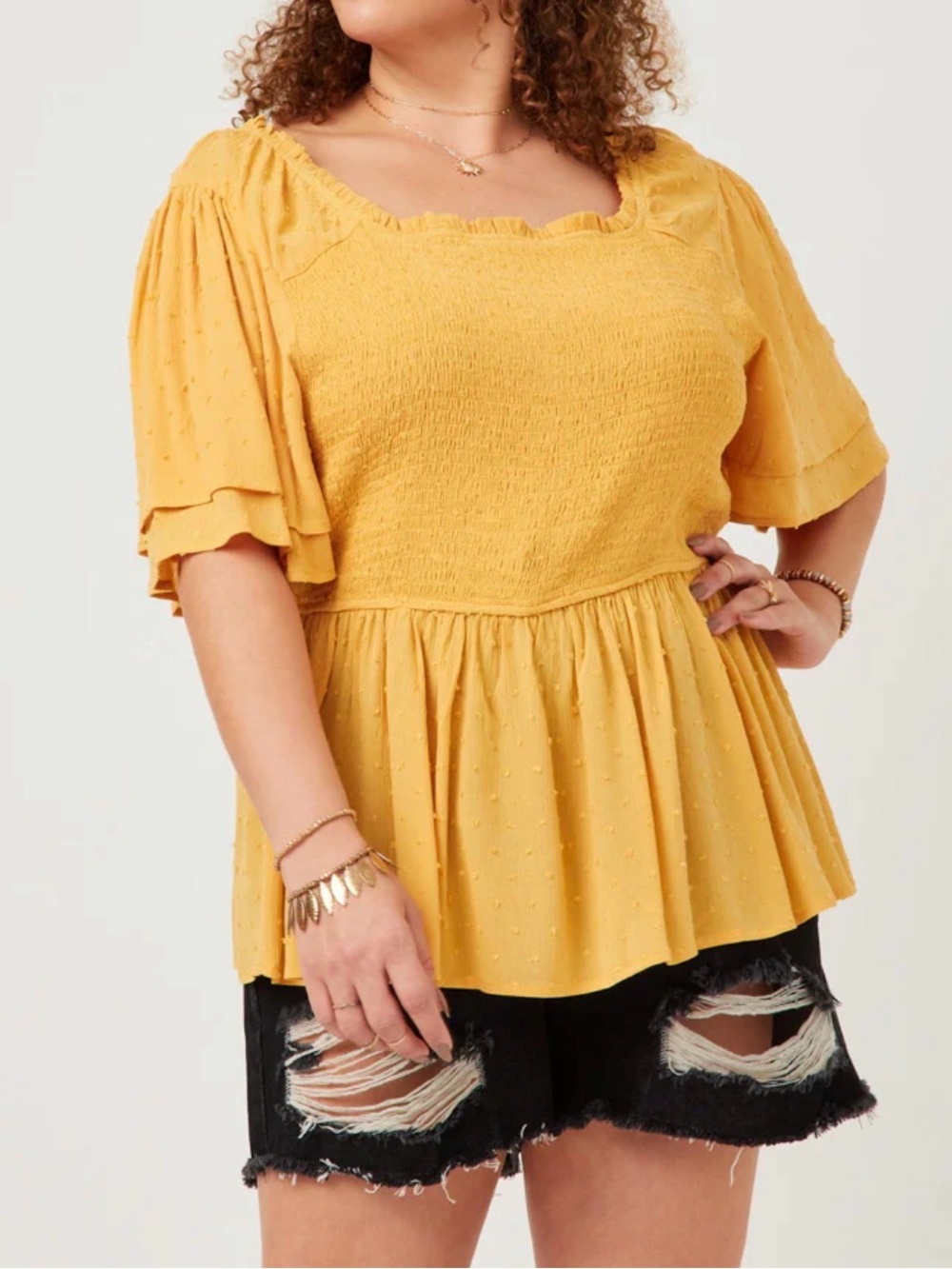 Hayden Los Angeles Women’s Mustard Yellow Smocked Peplum Top Size Large